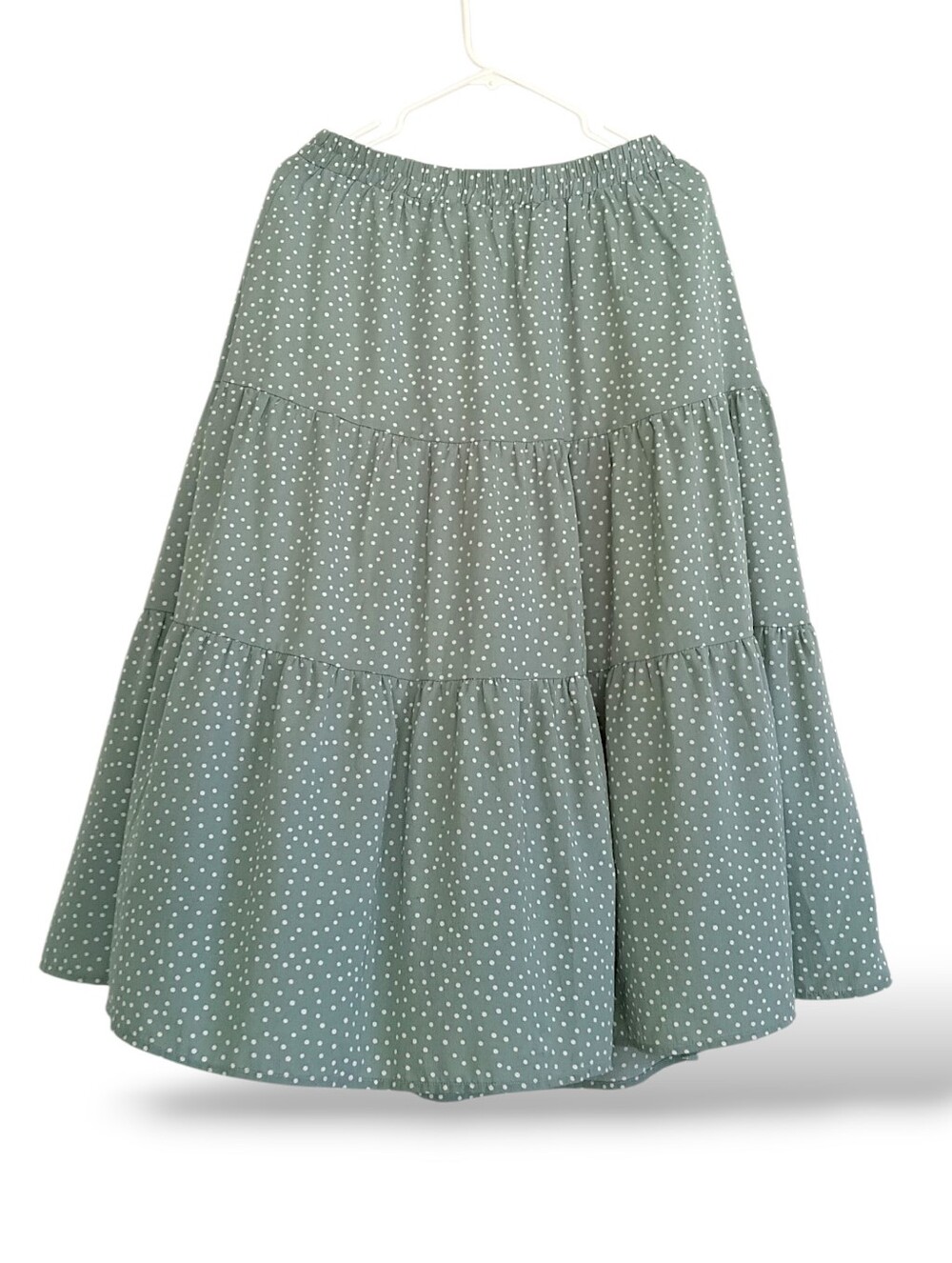 Merokeety Sage Green Tiered Polka Dot A-Line Midi Skirt Cottagecore Boho Flowy